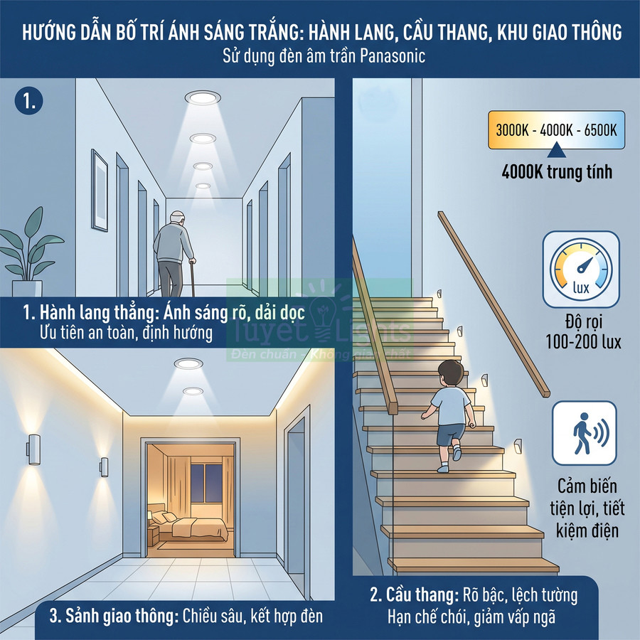 Hướng dẫn bố trí đèn âm trần Panasonic cho hành lang, cầu thang và sảnh giao thông trong nhà